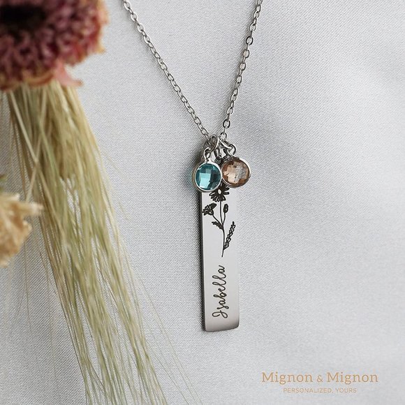 Jewelry - Silver Custom Birthstone Necklace Birth Flower Name Personalized Gift for Her